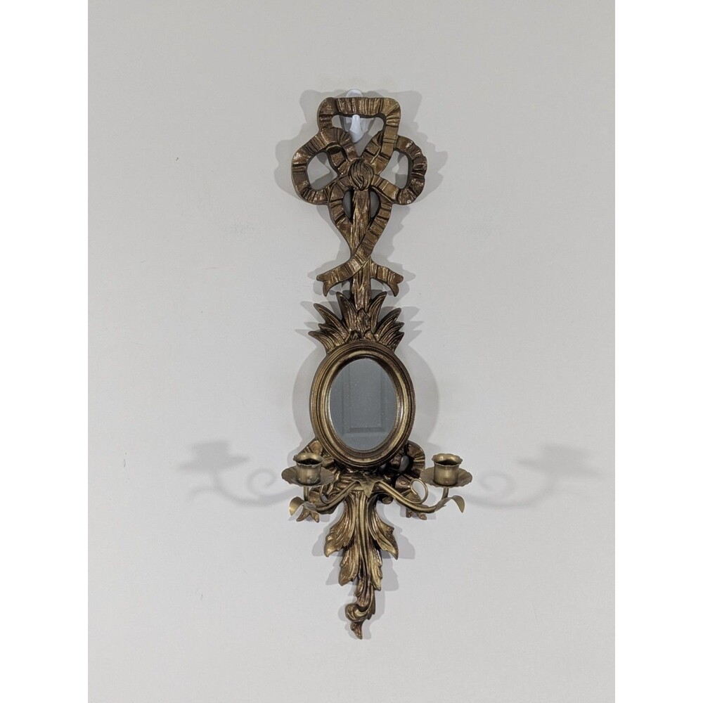 Vintage Italian Giltwood Bow Top Botanical Decor Mirror Two Candle Wall Sconce